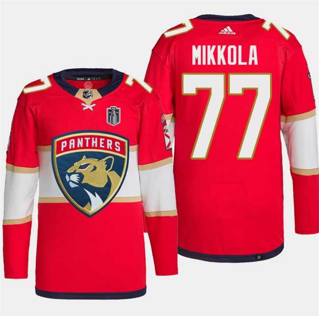 Mens Florida Panthers #77 Niko Mikkola Red 2024 Stanley Cup Final Patch Stitched Jersey Dzhi